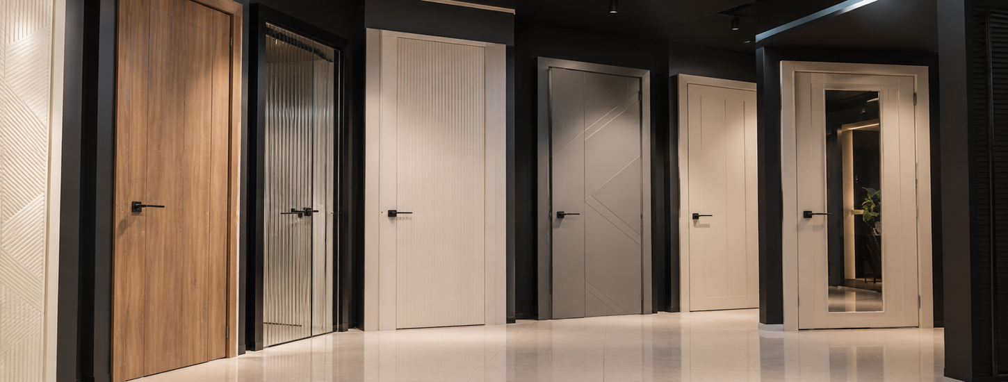 Dark steel entry door in a modern facade